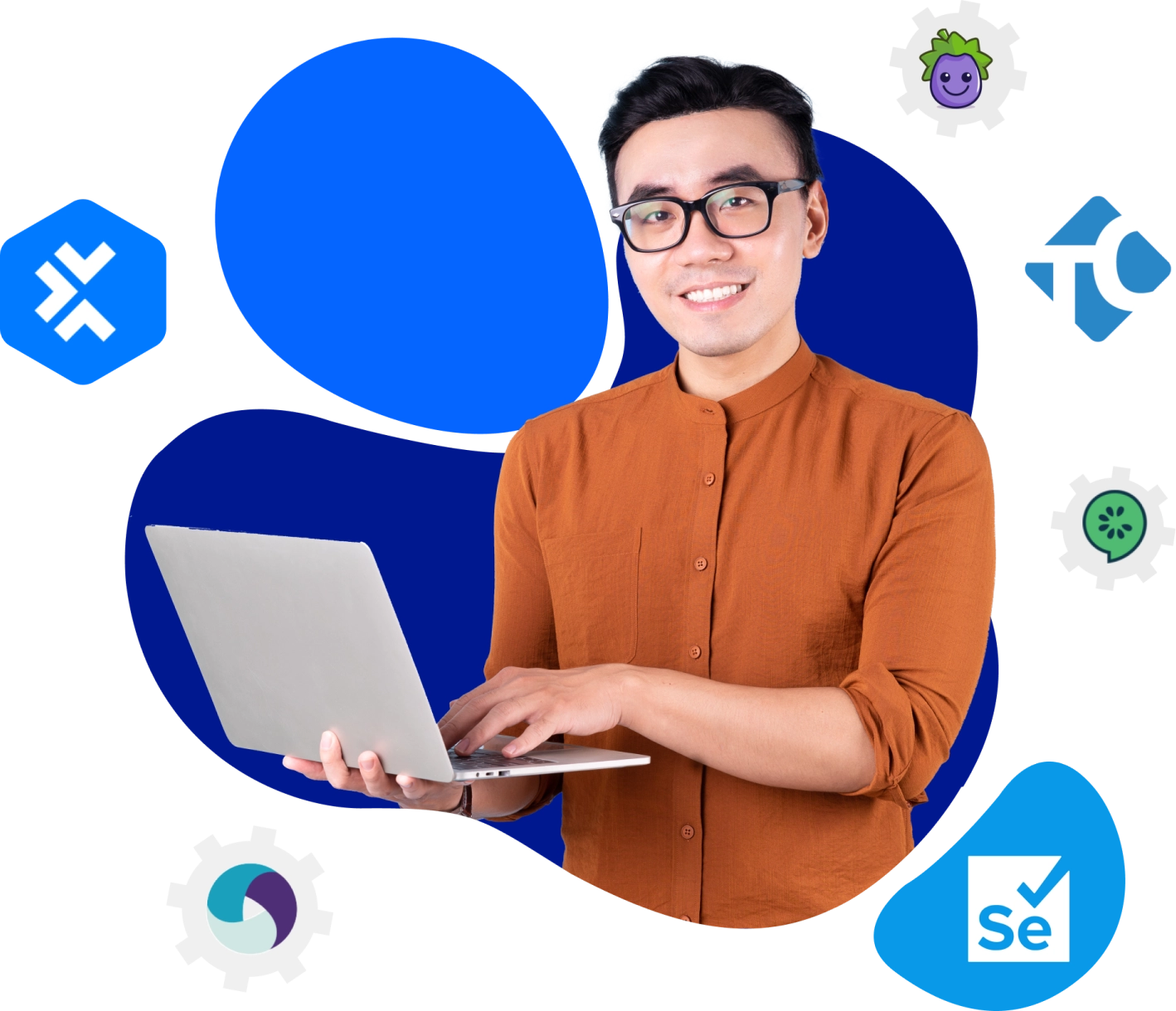 Man working on a laptop surrounded by QA testing icons | LARION