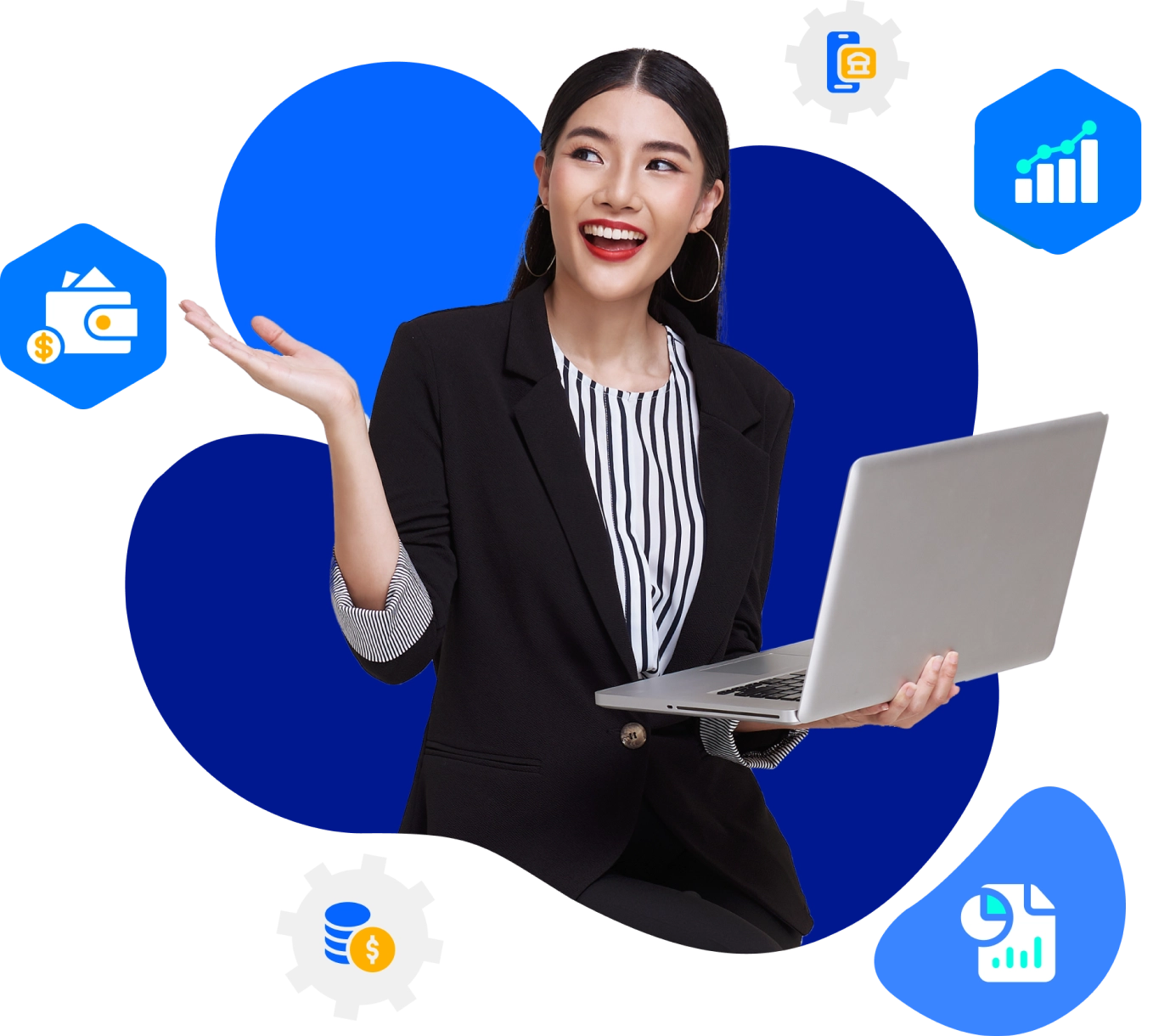 Smiling woman with a laptop, surrounded by financial solutions icons