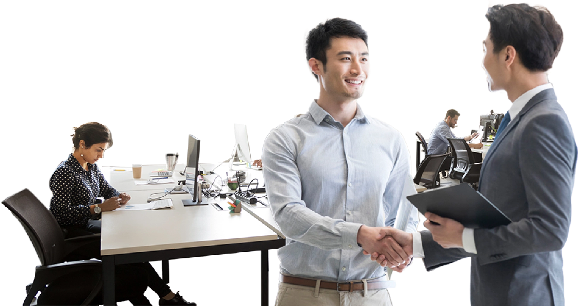 Two professionals shaking hands in an office | LARION
