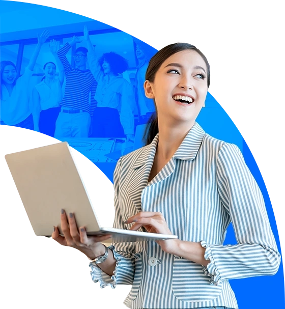 smiling woman working on real estate solutions on laptop | LARION